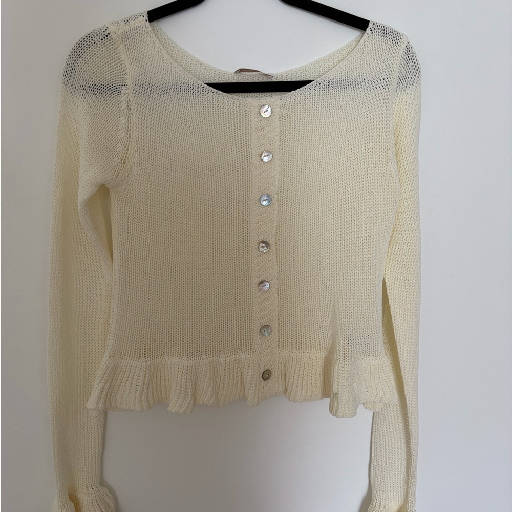 Meshki Cream Knit Ruffle Button-Up Cardigan - Picture 3 of 4